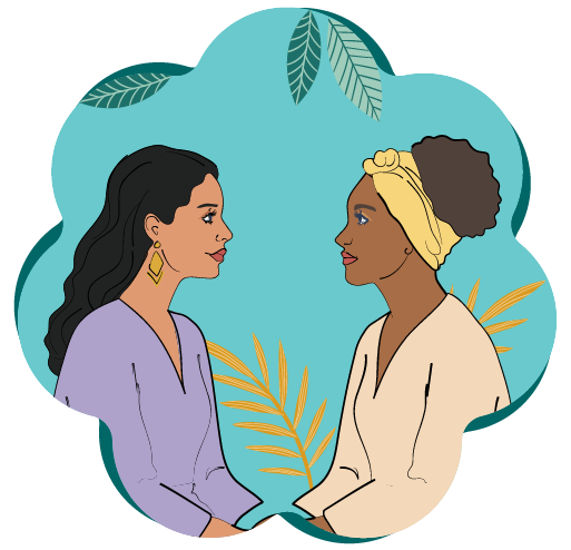 Illustration of two women facing each other within a teal floral frame
