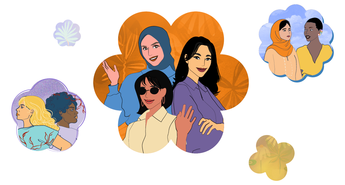 رسم توضيحي لشريكات مستفيدات نسويات من أنحاء المنطقة.