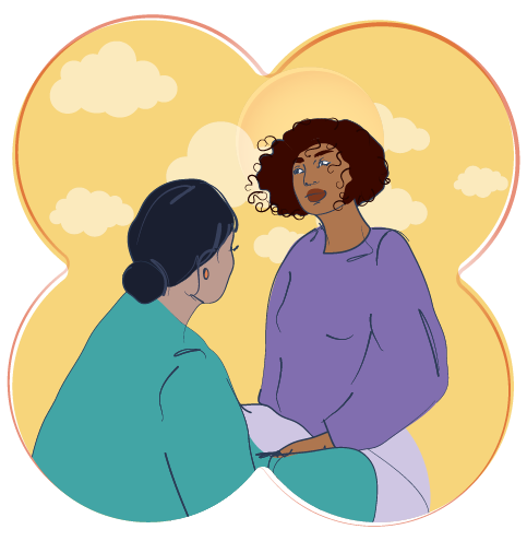 Illustration of two women facing each other amid a warm yellow bloom